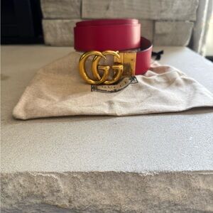 Gucci Red and Tan Reversible Leather Belt with classicGG Buckle - Womens size 80
